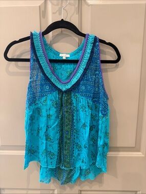 Poupette st Barth Sleeveless Turquoise Boho V-Neck Tank Top
